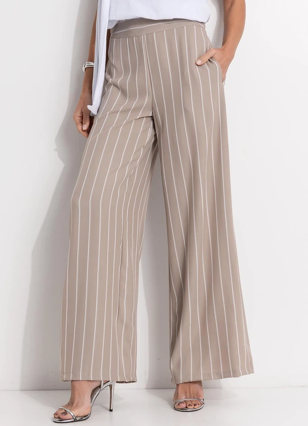 Quintess - Calça Listrado Bege em Alfaiataria Risca de Giz