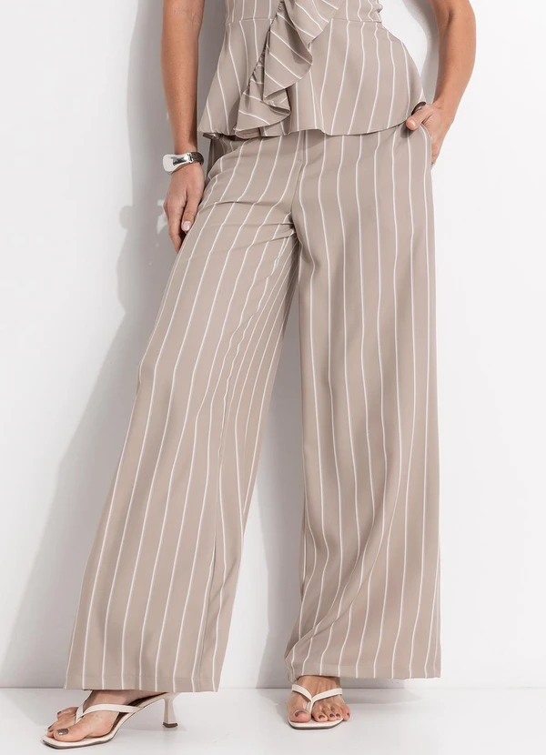 Quintess - Calça Listrado Bege em Alfaiataria Risca de Giz 3