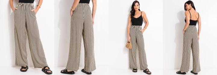 Calça Listrado Preto em Viscose Plana Calça Listrado Preto em Viscose Plana