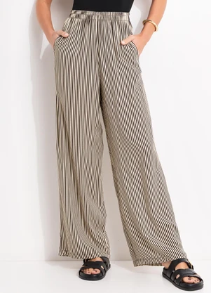 Quintess - Calça Listrado Preto em Viscose Plana - QUINTESS