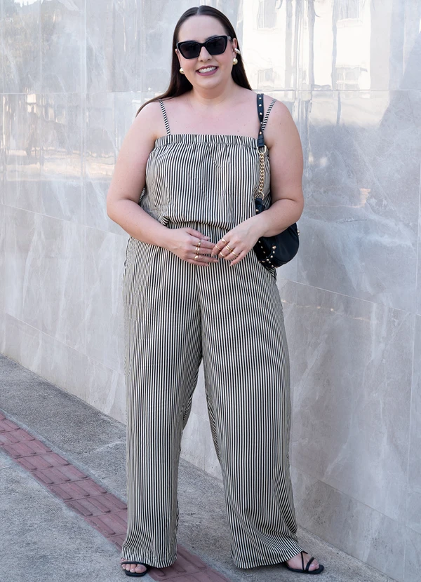 Quintess - Calça Listrado Preto em Viscose Plana