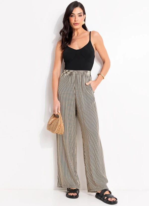 Quintess - Calça Listrado Preto em Viscose Plana 3