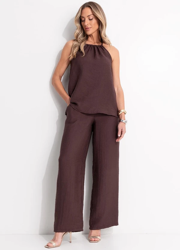 Quintess - Calça Marrom em Viscose Plana Sarjada 12