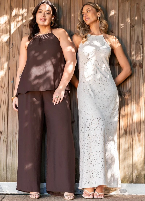 Quintess - Calça Marrom em Viscose Plana Sarjada 19