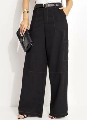 Cal�a Pantalona Alfaiataria Preta com Costura Contrastante e Bolsos