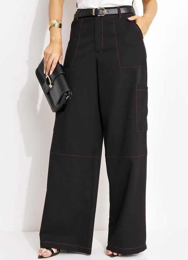 Cal�a Pantalona Alfaiataria Preta com Costura Contrastante e Bolsos