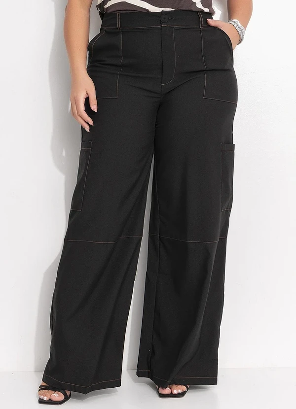Quintess - Calça Pantalona Alfaiataria Preta com Costura Contrastante e Bolsos