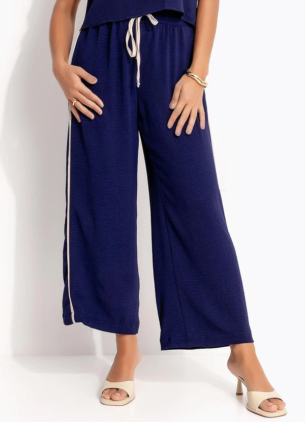 Quintess - Calça Pantalona Azul Marinho em Poliéster