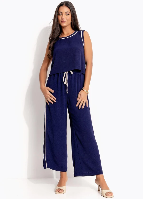 Quintess - Calça Pantalona Azul Marinho em Poliéster 3