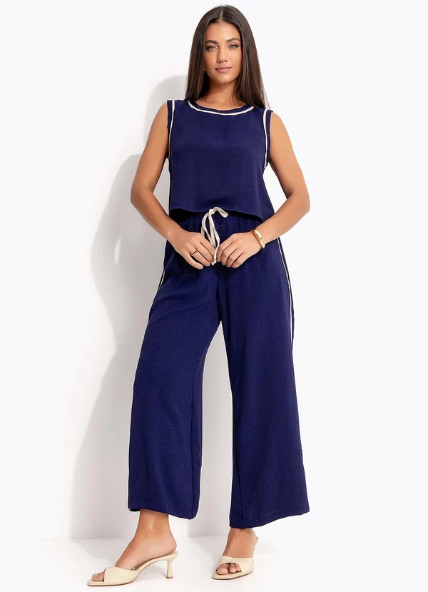 Quintess - Calça Pantalona Azul Marinho em Poliéster 4