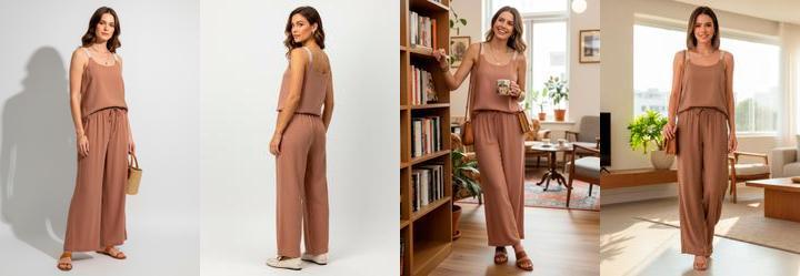 Cal�a Pantalona Marrom Claro em Viscose com Linho