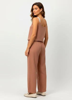 Quintess - Calça Pantalona Marrom Claro em Viscose com Linho - QUINTESS