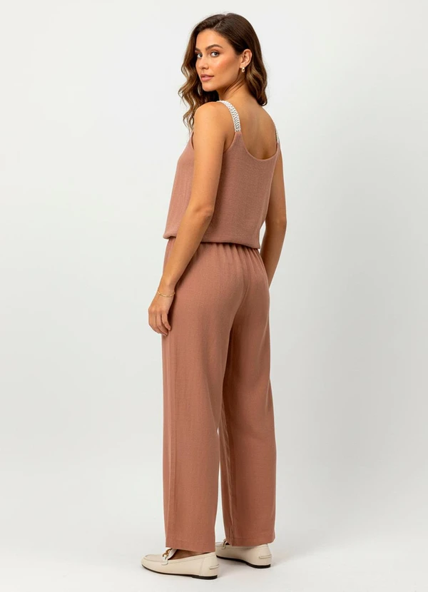 Quintess - Calça Pantalona Marrom Claro em Viscose com Linho 6