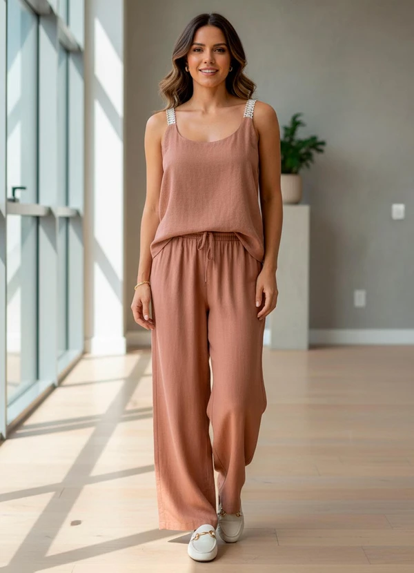 Quintess - Calça Pantalona Marrom Claro em Viscose com Linho 2