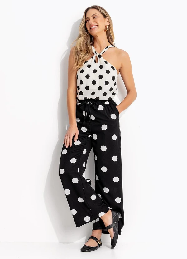 Quintess - Calça Pantalona Poá Preto em Poliéster 3