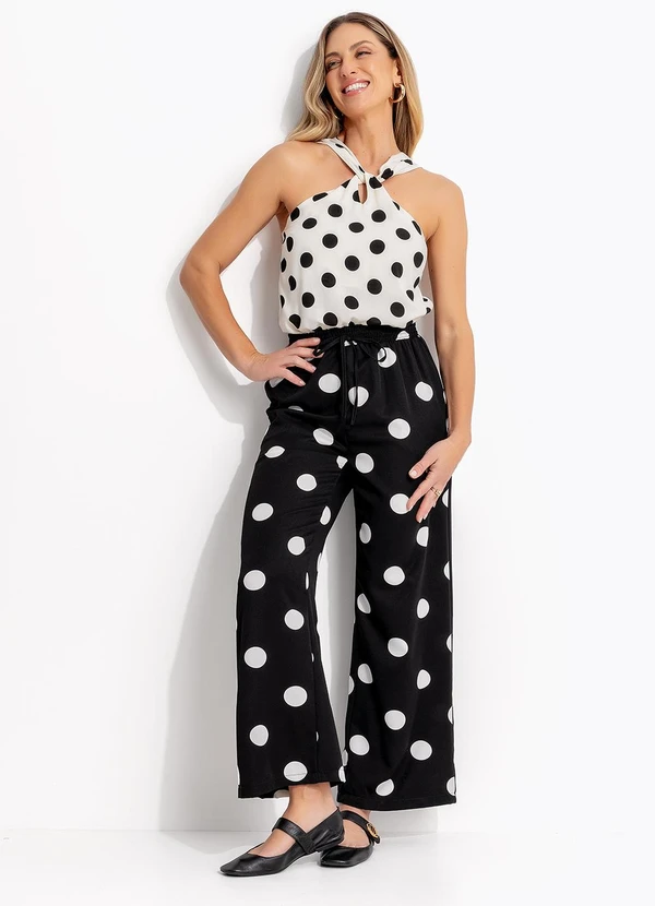 Quintess - Calça Pantalona Poá Preto em Poliéster 6