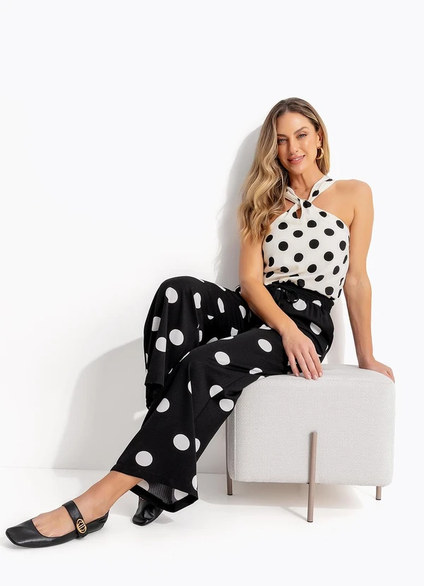 Quintess - Calça Pantalona Poá Preto em Poliéster