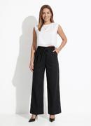 Cal�a Pantalona Preta em Viscose e Linho com Cintura Alta