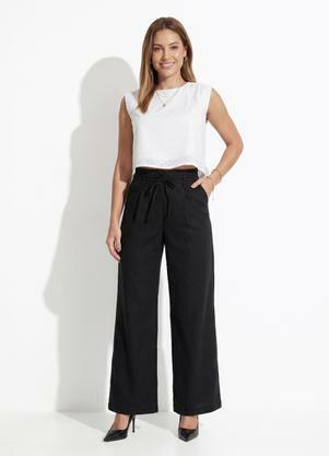 Cal�a Pantalona Preta em Viscose e Linho com Cintura Alta