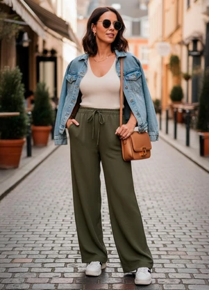 Quintess - Calça Pijama Verde em Crepe Plano - QUINTESS