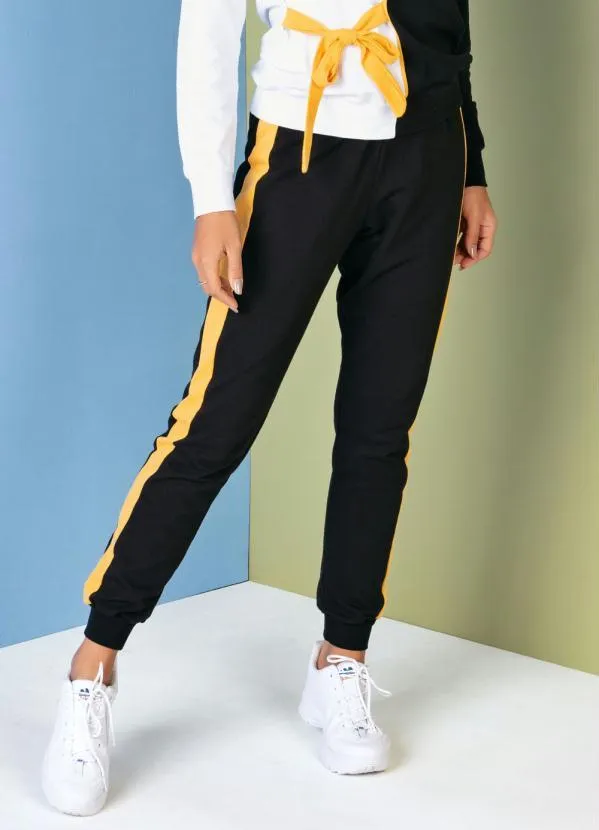 Moda Pop - Calça Preta e Amarela com Recortes Laterais