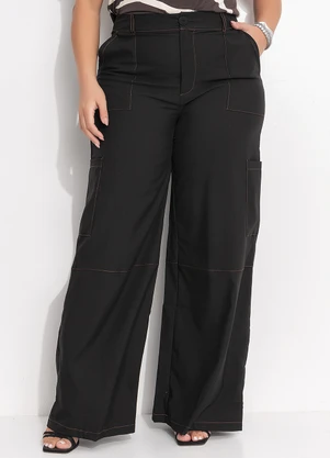 Quintess - Calça Pantalona Alfaiataria Preta com Costura Contrastante e Bolsos - QUINTESS
