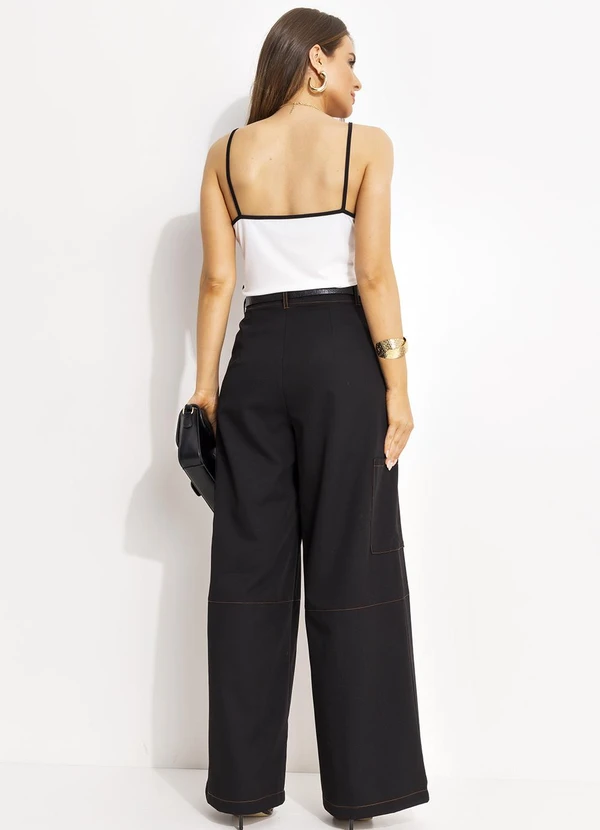 Quintess - Calça Pantalona Alfaiataria Preta com Costura Contrastante e Bolsos 4