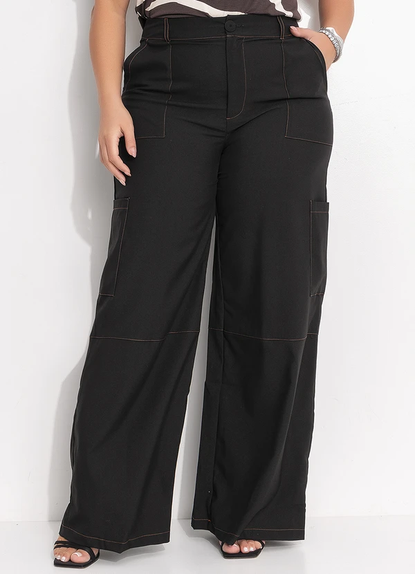 Quintess - Calça Pantalona Alfaiataria Preta com Costura Contrastante e Bolsos 6