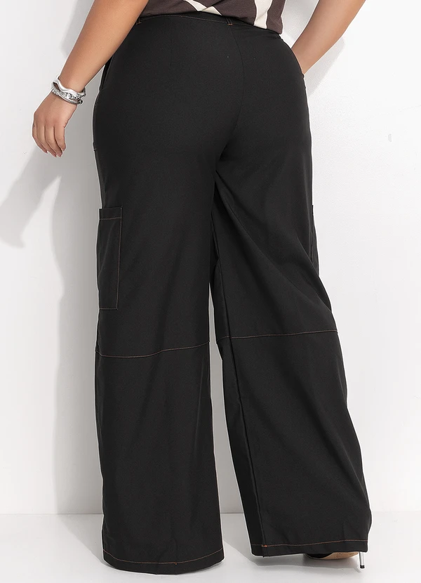 Quintess - Calça Pantalona Alfaiataria Preta com Costura Contrastante e Bolsos 7