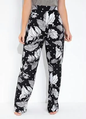 Moda Pop - Calça Reta com Botões Floral Preta - MODA POP
