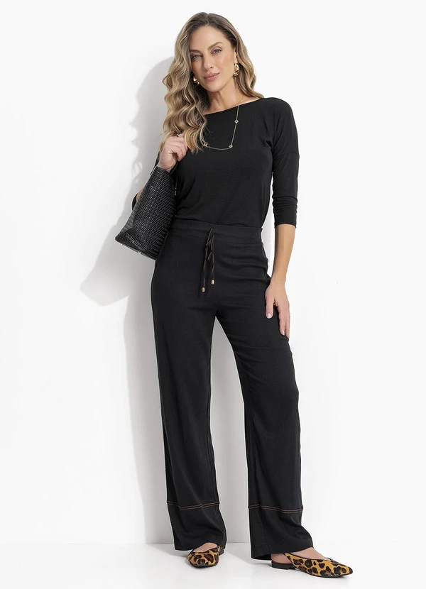 Quintess - Calça Reta Preta em Viscose Plana 5