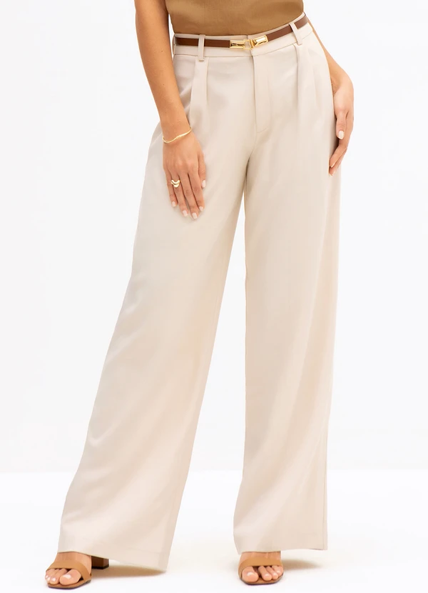 Principessa - Calça Pantalona de Alfaiataria Creponada Aveia Glicia