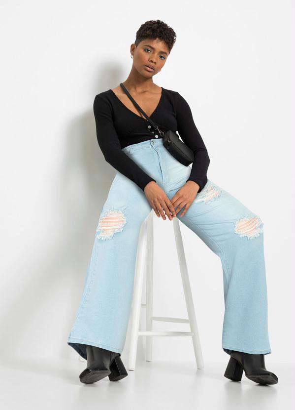 Outlet - Calça Wide Leg Destroyed Azul Claro 5