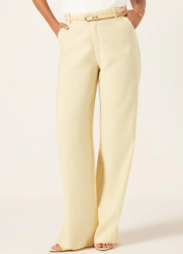 Principessa - Calça Wide Leg em Viscose Amarelo Manteiga Jade