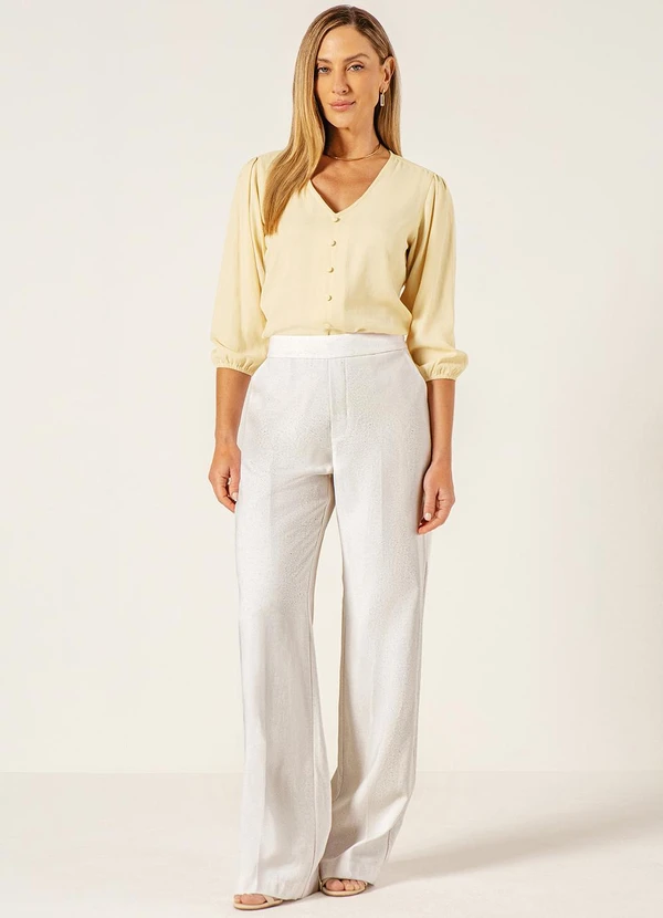 Principessa - Calça Wide Leg em Viscose Fluid com Linho Off White Julienne 5