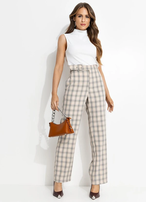 Quintess - Calça Xadrez Bege em Alfaiataria 11