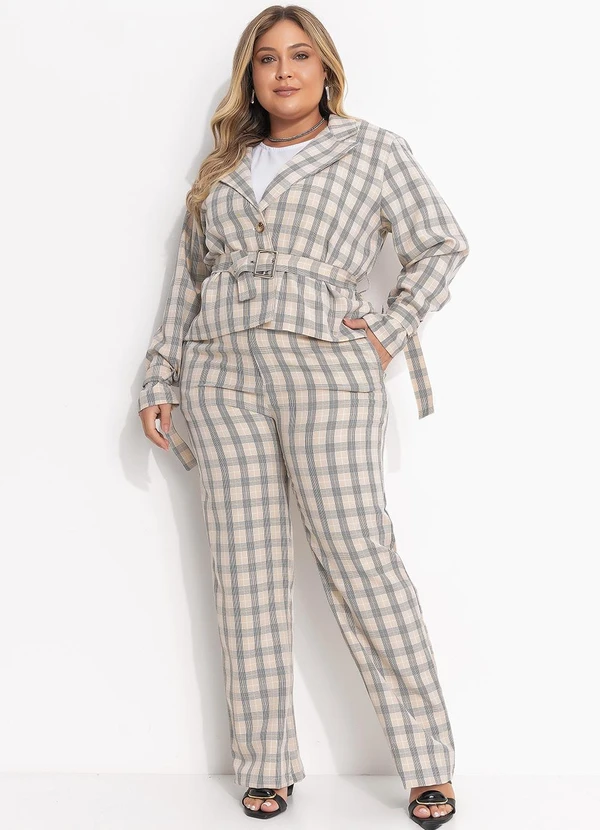 Quintess - Calça Xadrez Bege em Alfaiataria 17