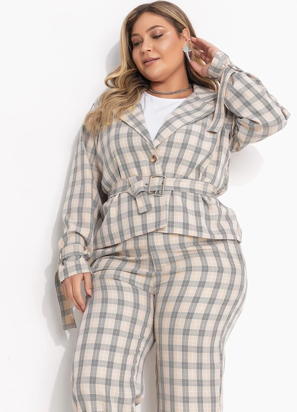 Quintess - Calça Xadrez Bege em Alfaiataria 18