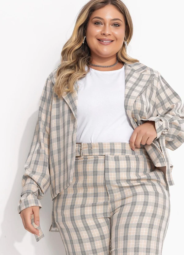 Quintess - Calça Xadrez Bege em Alfaiataria