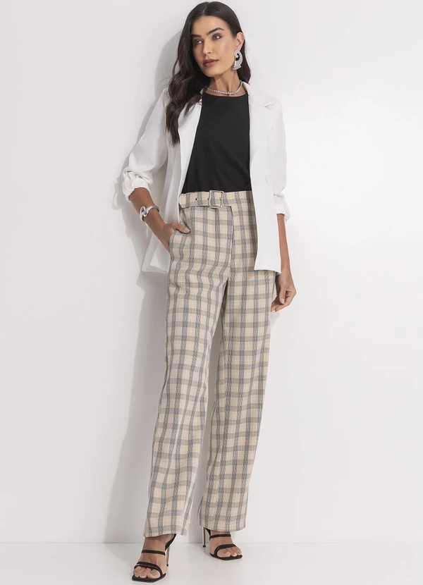 Quintess - Calça Xadrez Bege em Alfaiataria 6