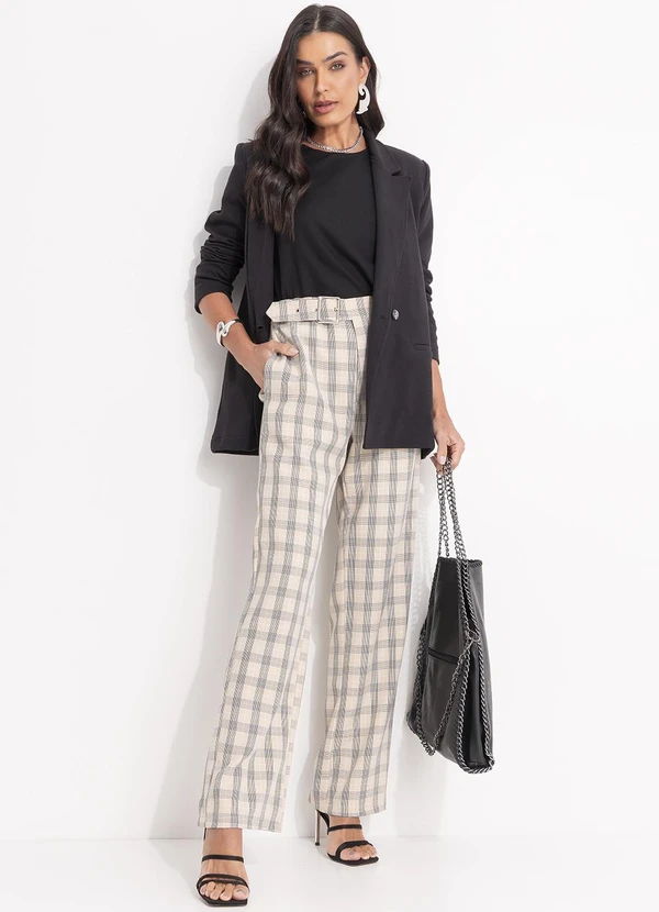 Quintess - Calça Xadrez Bege em Alfaiataria 8