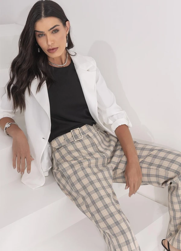 Quintess - Calça Xadrez Bege em Alfaiataria 9