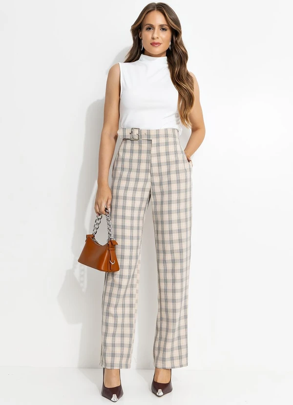 Quintess - Calça Xadrez Bege em Alfaiataria 10