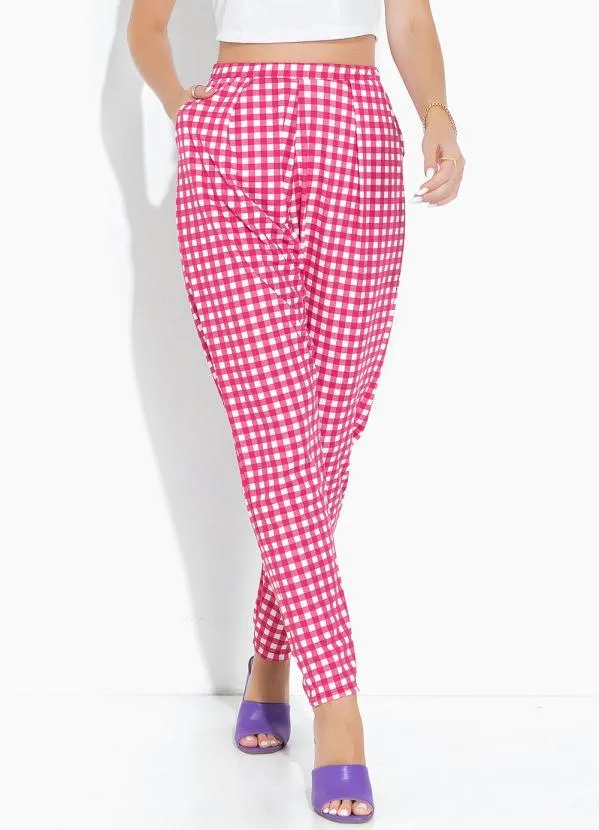 Moda Pop - Calça Xadrez com Bolsos Funcionais e Pregas