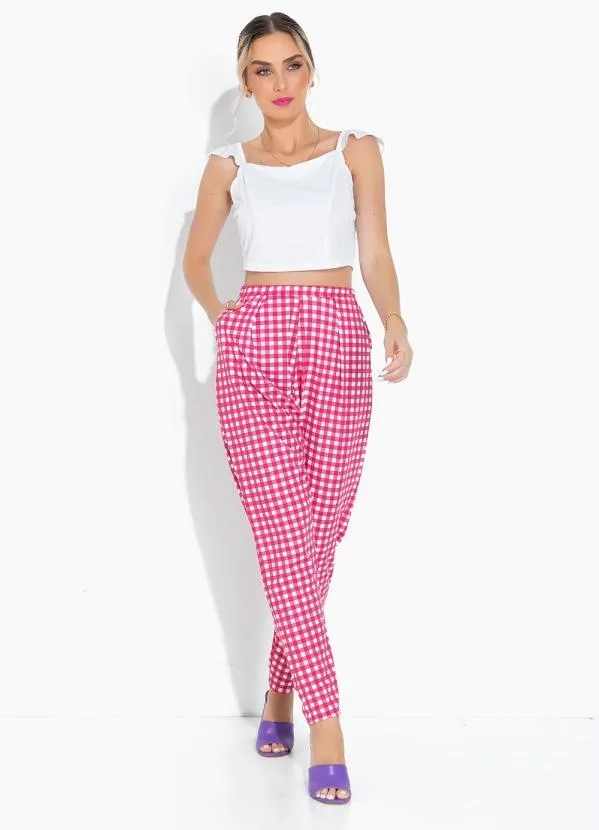 Moda Pop - Calça Xadrez com Bolsos Funcionais e Pregas 3