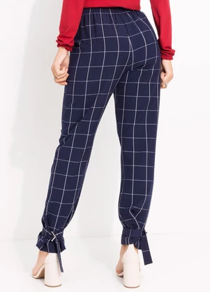 Quintess - Calça Cigarrete Xadrez Grid Azul com Elástico e Detalhe na Barra - QUINTESS