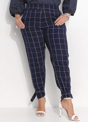 Quintess - Calça Cigarrete Xadrez Grid Azul com Elástico e Detalhe na Barra - QUINTESS