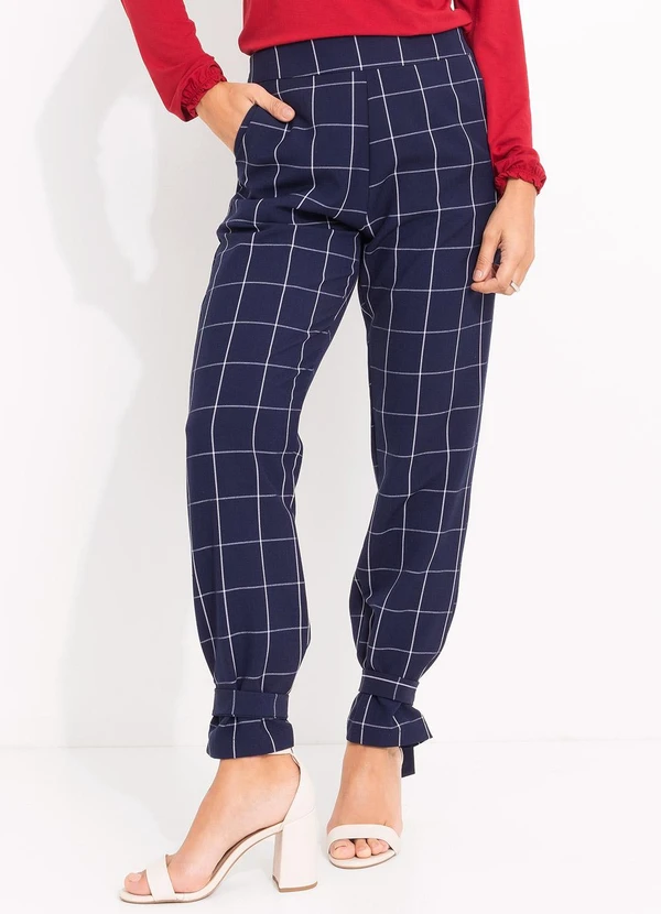 Calça Xadrez Grid Azul em Tecido de Alfaiataria Quintess