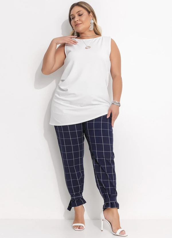 Quintess - Calça Cigarrete Xadrez Grid Azul com Elástico e Detalhe na Barra 11