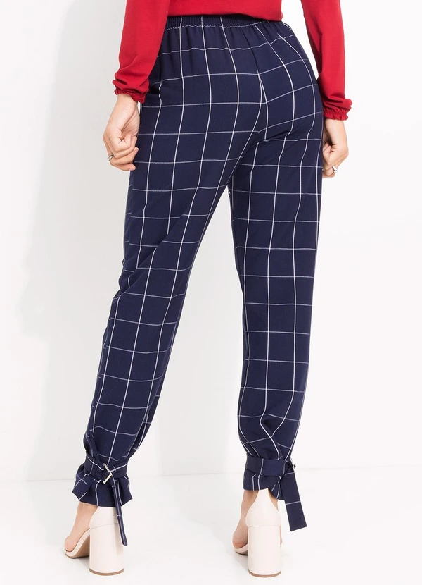 Quintess - Calça Cigarrete Xadrez Grid Azul com Elástico e Detalhe na Barra 2